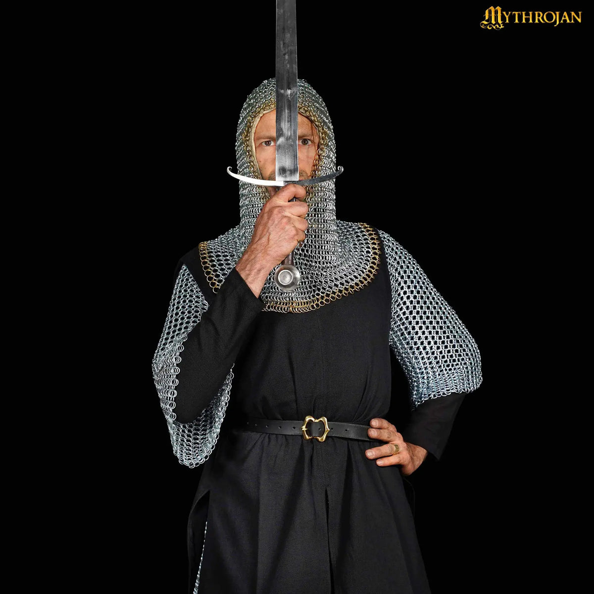Galvanised chainmail coif, brass edge, butted round rings