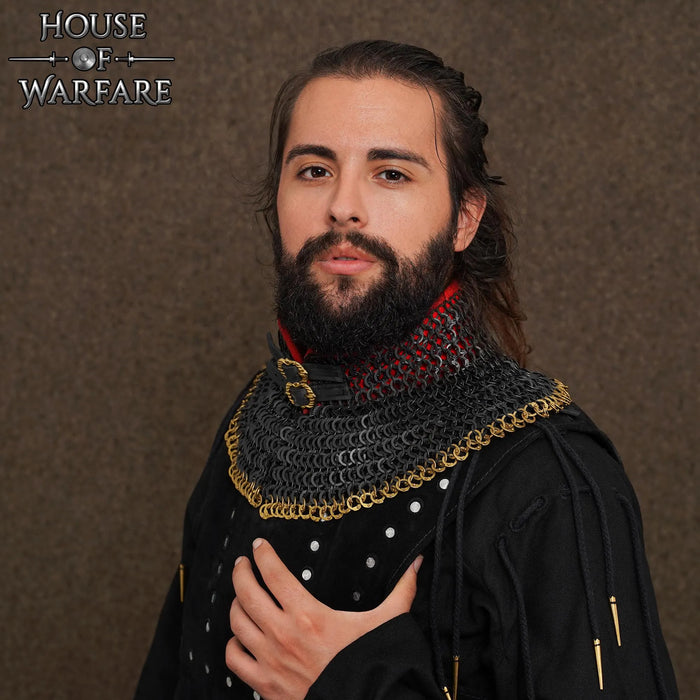 Chainmail standard, black, mixed riveted flat rings, 9 mm, brass edge