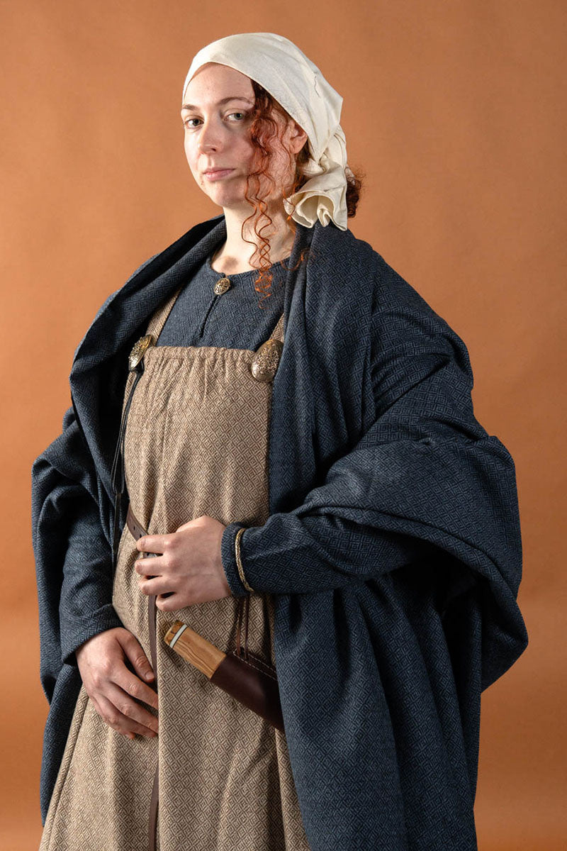 Wikiński płaszcz Hjalmar ze splotem diamentowym, wełna, niebiesko-czarny