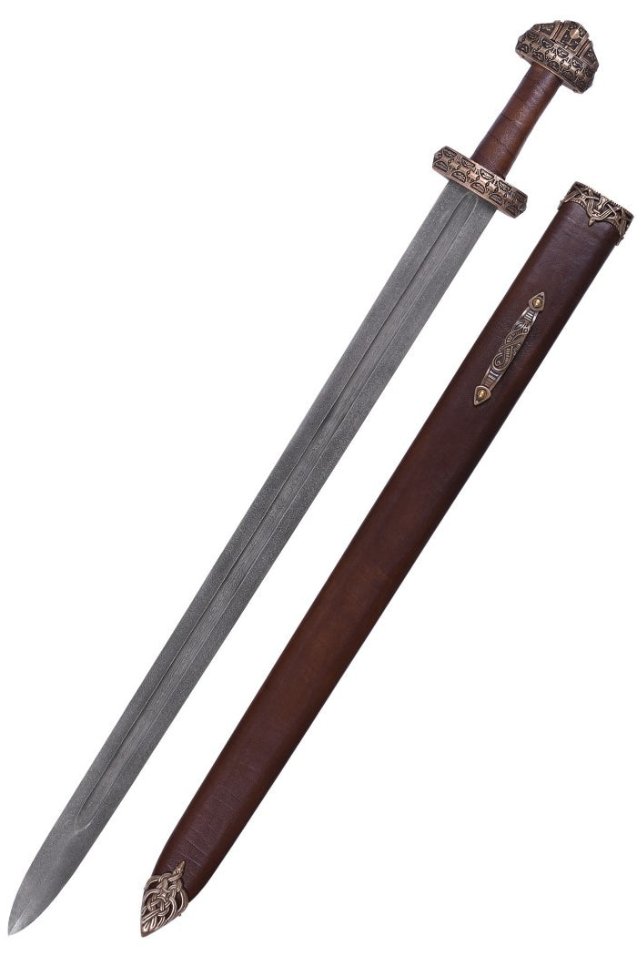 Viking sword island Eigg damascus steel, leather grip, semi-sharp
