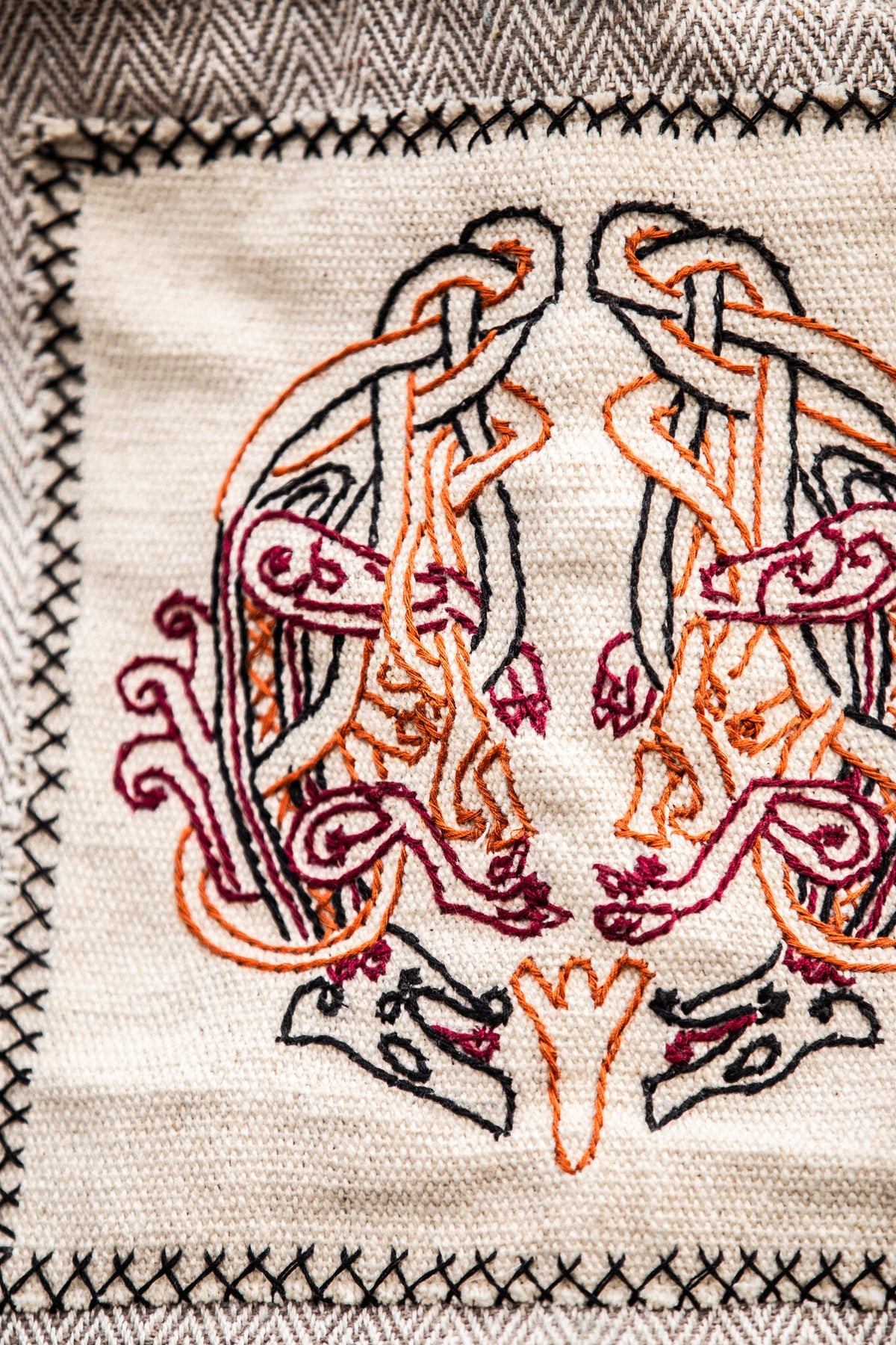 Embroidered Viking Bag Urnes with Herringbone Pattern