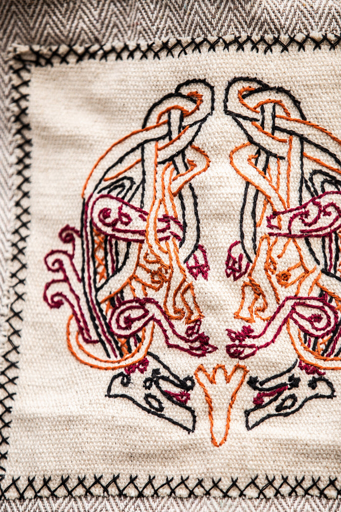 Embroidered Viking Bag Urnes with Herringbone Pattern