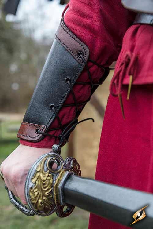 Warrior leather bracers, forearm guards, black-red, pair
