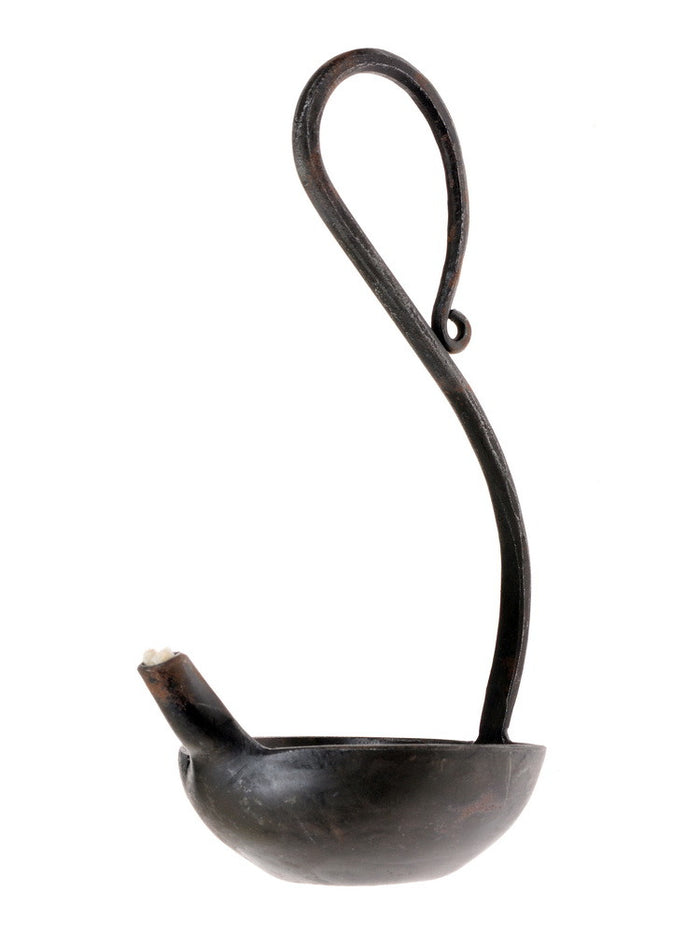Forged oil lamp, long handle, medieval, iron
