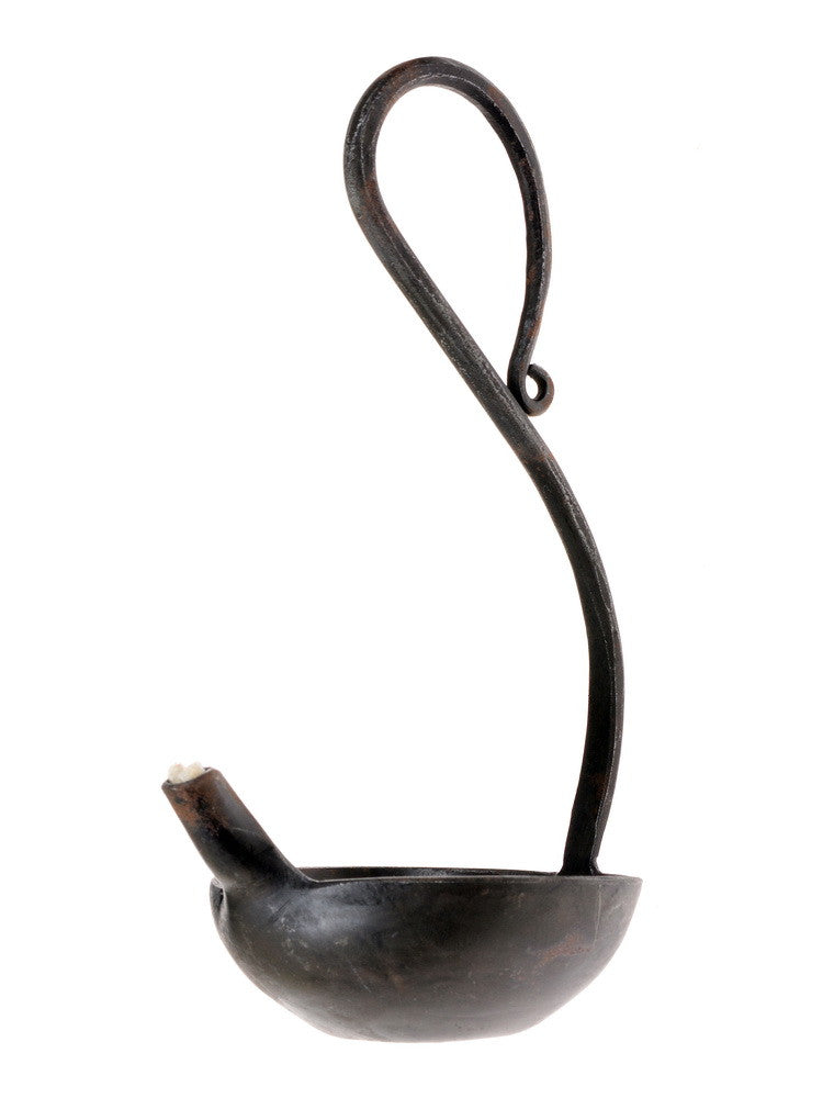 Forged oil lamp, long handle, medieval, iron