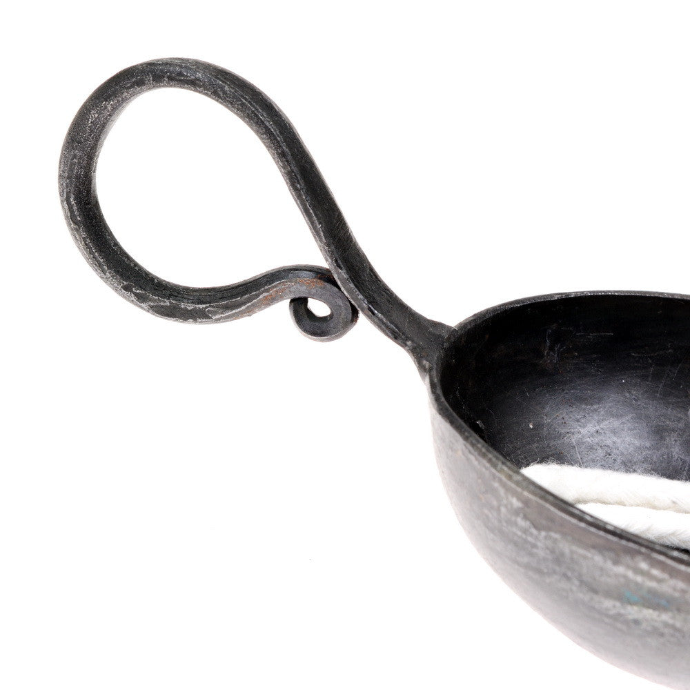Forged oil lamp, short handle, medieval, iron