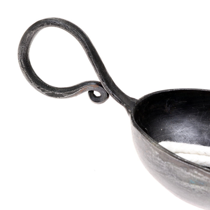Forged oil lamp, short handle, medieval, iron