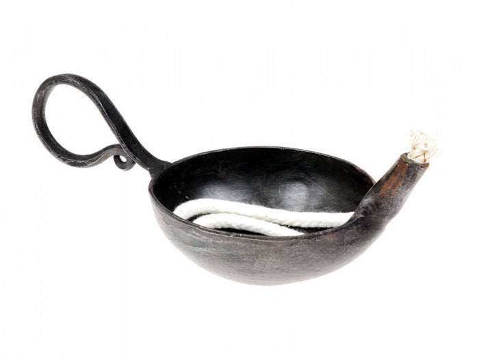 Forged oil lamp, short handle, medieval, iron