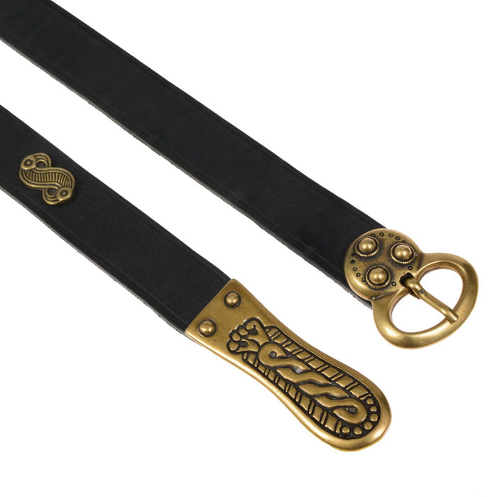 Merovingian belt with strap tongue and fittings, black leather, silver plated brass