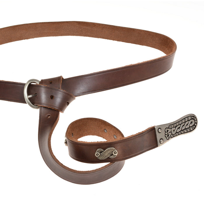 Merovingian belt with strap tongue and fittings, brown leather, brass