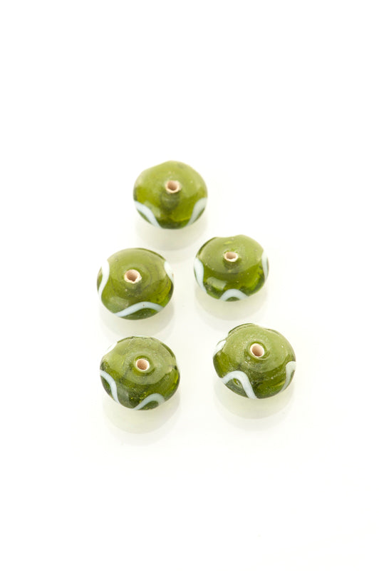 Viking glass bead Ranveig, green-white, 5 pieces