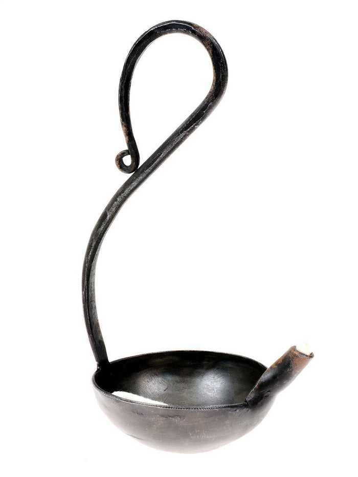 Forged oil lamp, long handle, medieval, iron