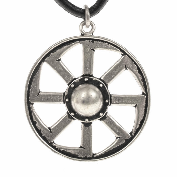 Slavic kolovrat-amulet, sun wheel, silvered bronze
