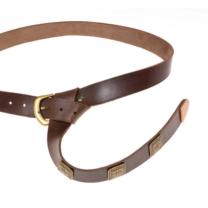 Crusader belt with belt tongue and lily fittings, brown leather, brass
