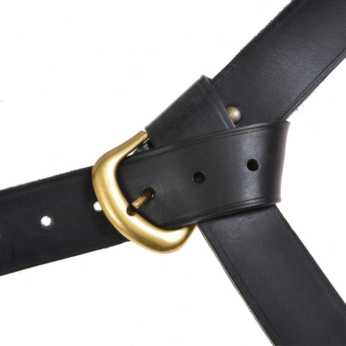 Crusader belt with belt tongue and lily fittings, black leather, silver plated brass