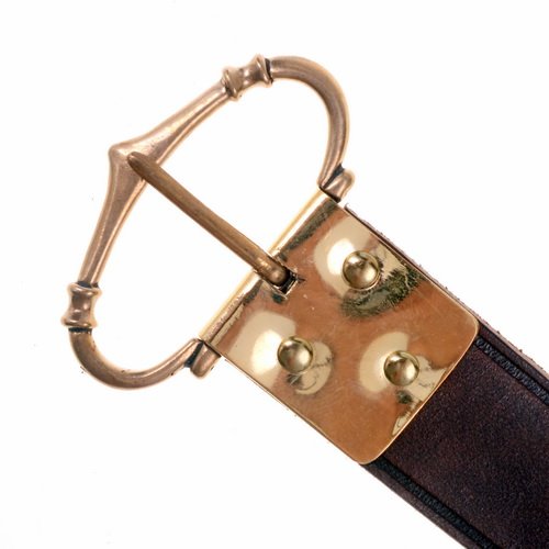 Medieval belt with riveted bronze buckle, black leather