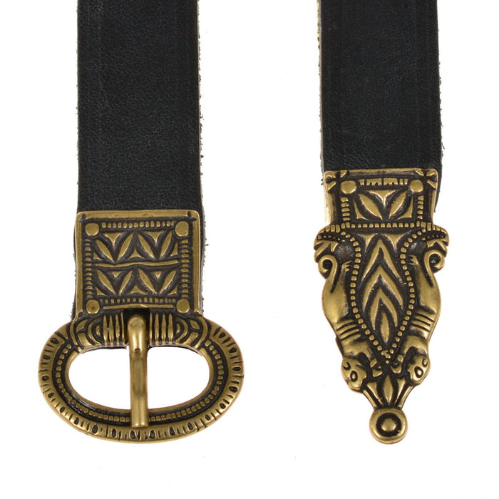 Late Roman belt with strap tongue, brown leather, silver plated brass