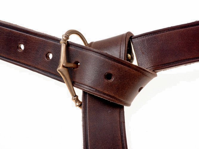 Medieval belt with riveted bronze buckle, black leather