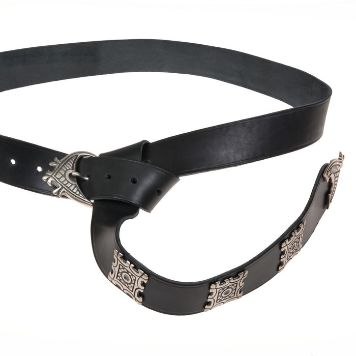 Broad medieval belt with strap tongue and fittings, 12th century, brown leather, brass