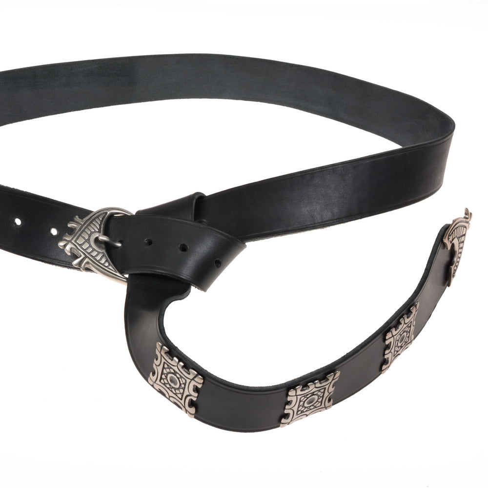 Broad medieval belt with strap tongue and fittings, 12th century, black leather, silver plated brass