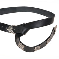 Broad medieval belt with strap tongue and fittings, 12th century, black leather, silver plated brass