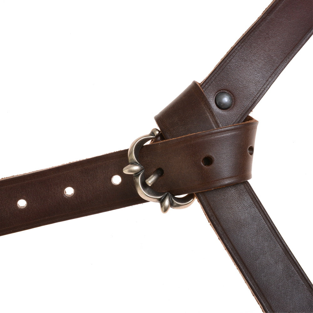 Medieval belt with strap tongue and fittings, around 1200, black leather, silver plated brass