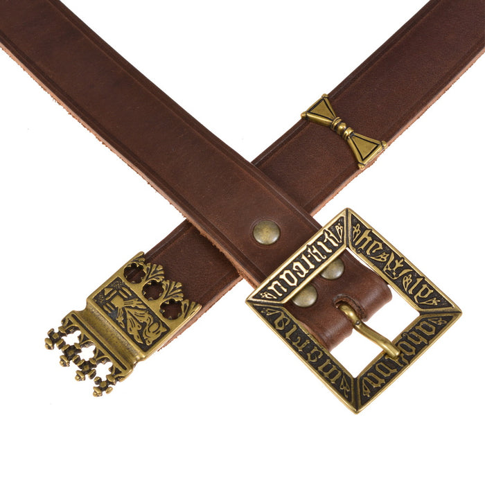 Medieval belt 'Erik van Pommeren' with strap tongue and fittings, black leather, brass