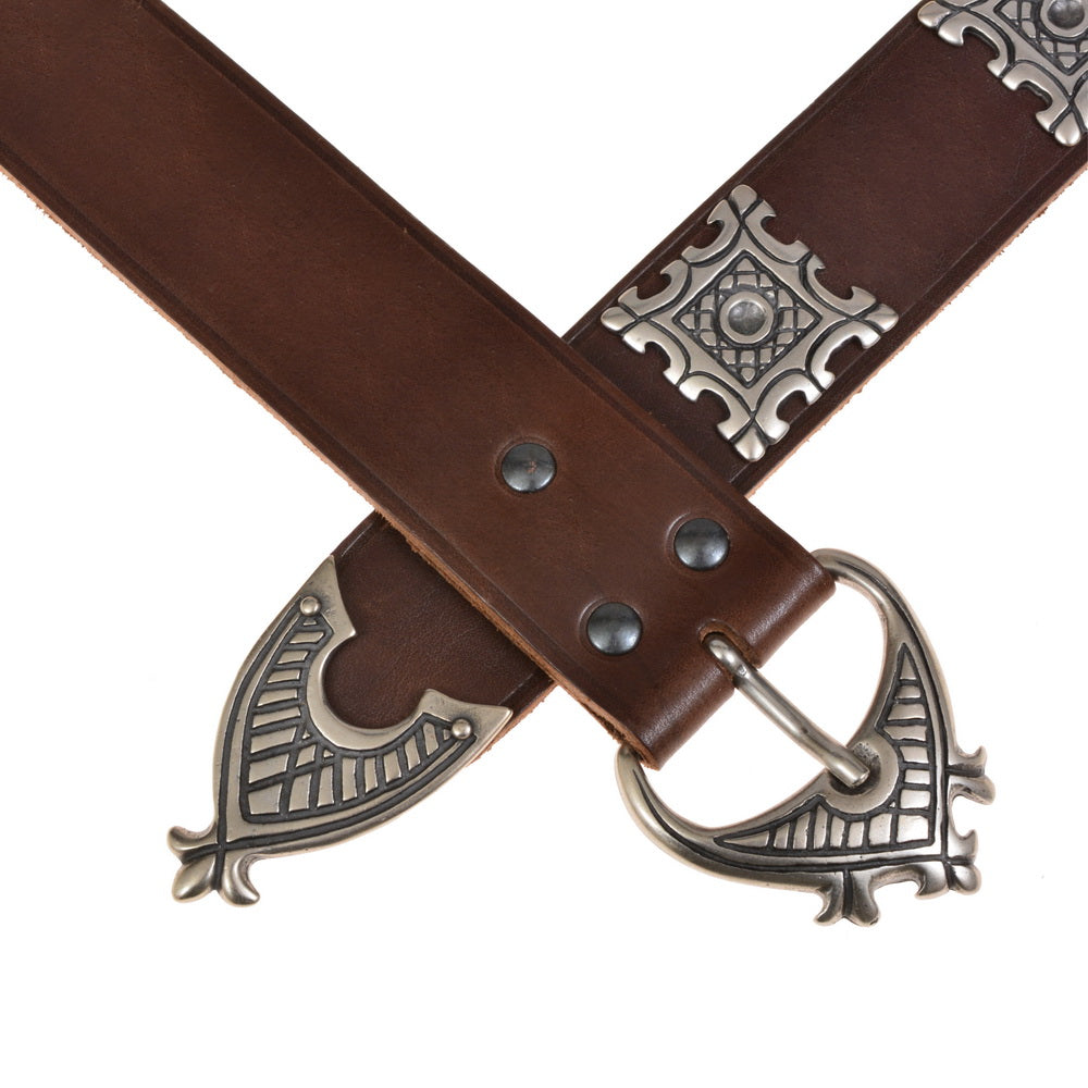 Broad medieval belt with strap tongue and fittings, 12th century, black leather, silver plated brass