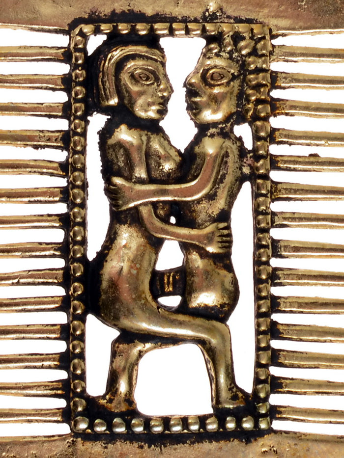 Medieval comb with loving couple, Bruges, 14th century, silvered bronze