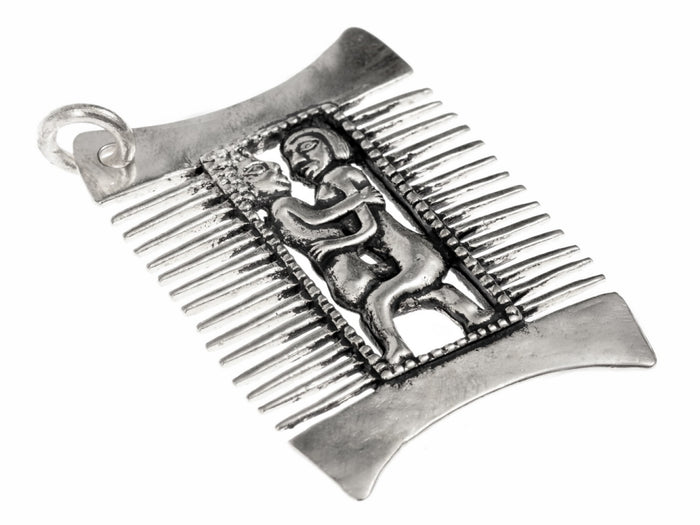 Medieval comb with loving couple, Bruges, 14th century, silvered bronze