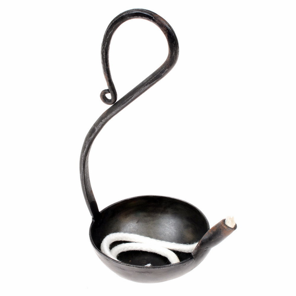 Forged oil lamp, long handle, medieval, iron