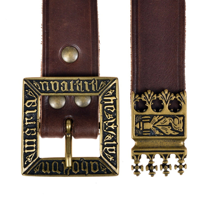 Medieval belt 'Erik van Pommeren' with strap tongue, brown leather, brass