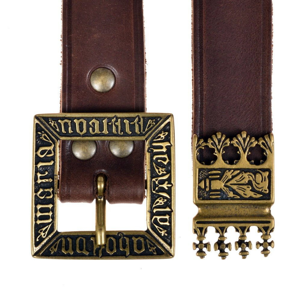 Medieval belt 'Erik van Pommeren' with strap tongue, brown leather, brass