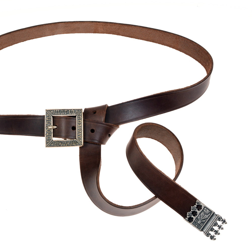 Medieval belt 'Erik van Pommeren' with strap tongue, brown leather, brass