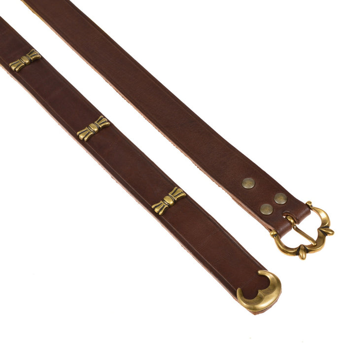 Medieval belt with strap tongue and fittings, around 1200, black leather, silver plated brass