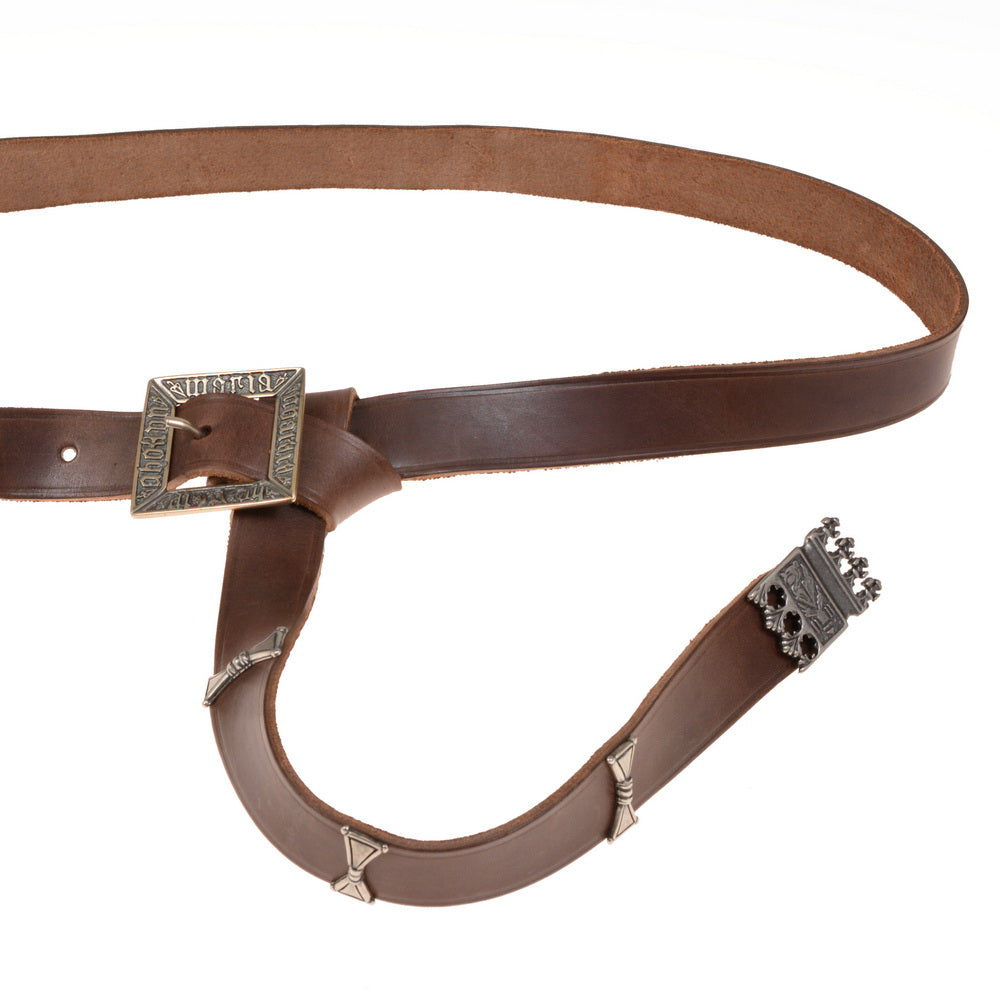Medieval belt 'Erik van Pommeren' with strap tongue and fittings, black leather, brass