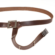 Medieval belt 'Erik van Pommeren' with strap tongue and fittings, brown leather, silver plated brass
