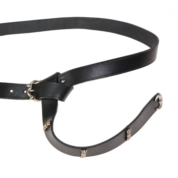 Medieval belt with strap tongue and fittings, around 1200, black leather, silver plated brass