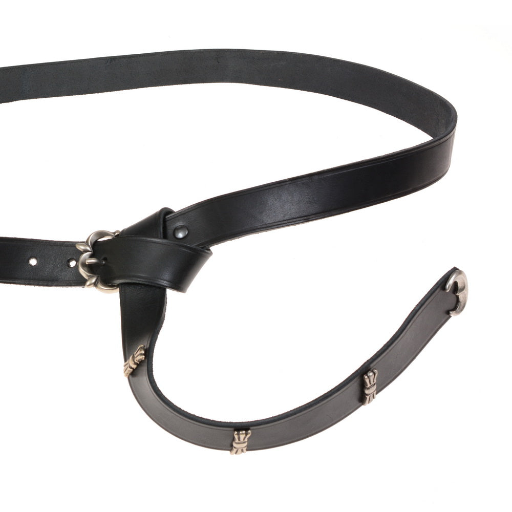 Medieval belt with strap tongue and fittings, around 1200, black leather, silver plated brass