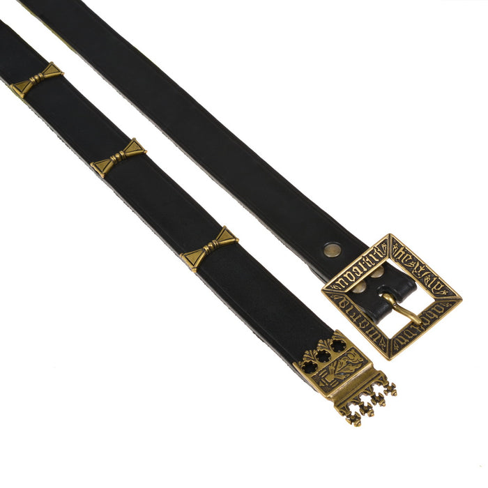 Medieval belt 'Erik van Pommeren' with strap tongue and fittings, black leather, silver plated brass