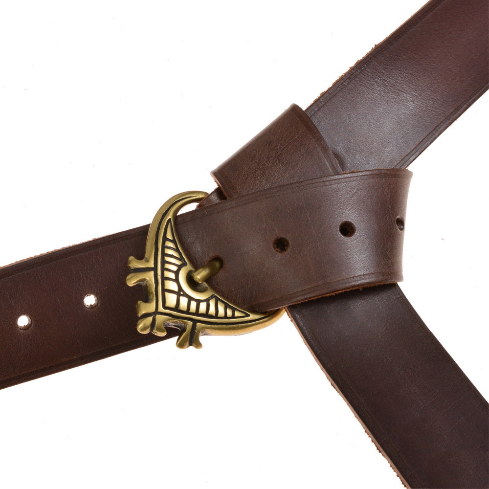 Broad medieval belt with strap tongue and fittings, 12th century, black leather, silver plated brass