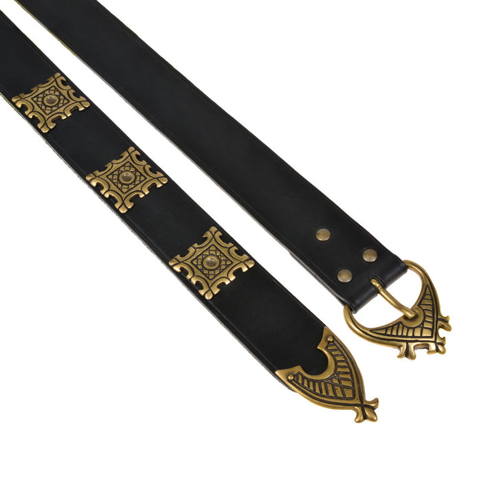 Broad medieval belt with strap tongue and fittings, 12th century, brown leather, silver plated brass