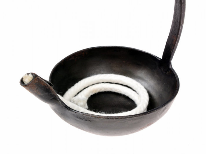 Forged oil lamp, long handle, medieval, iron