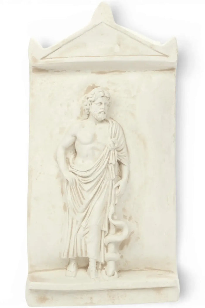 Wall relief Asclepius, Greek god of medicine, Alabaster plaster