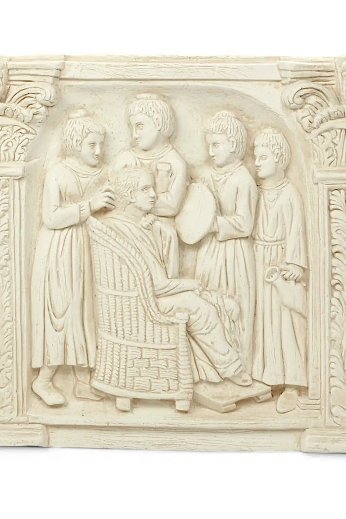 Wall relief hairstyle scene Roman housewife, Alabaster plaster