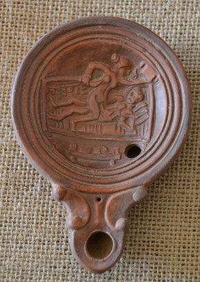 Roman oil lamp with erotic motif, equestrian position