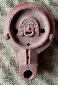 Roman oil lamp theater mask, Firmalampe