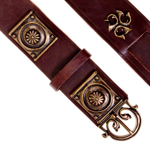 Roman legionary belt (cingulum) with fittings, black leather, silver plated brass