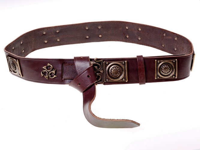 Roman legionary belt (cingulum) with fittings, black leather, silver plated brass