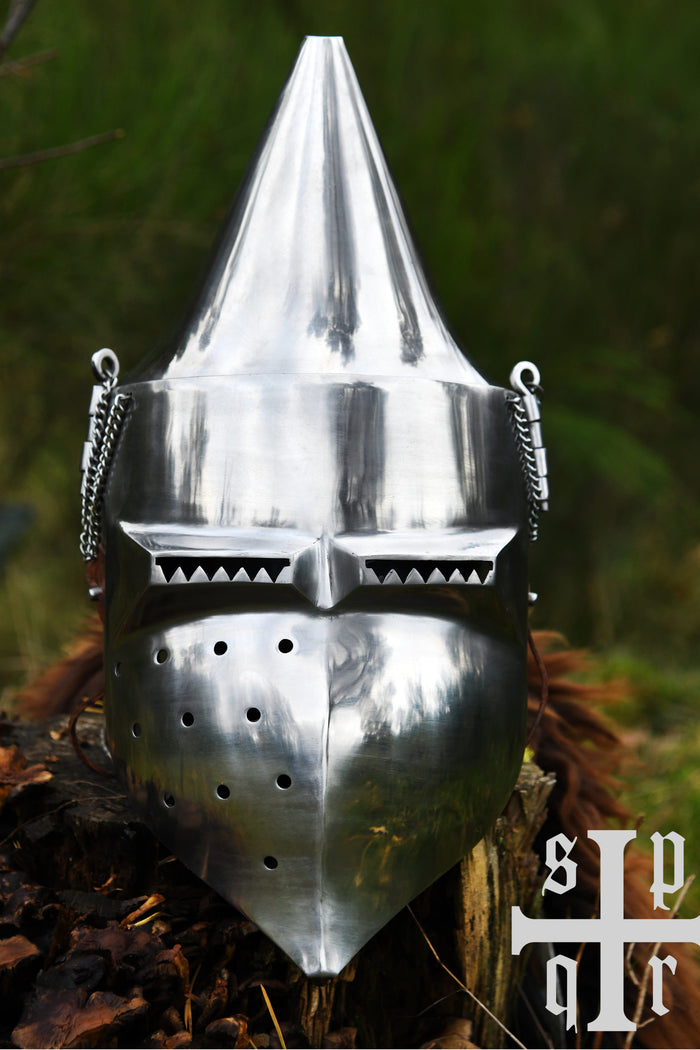Folding visor bascinet with pointed helmet cup, 14th century, 2 mm (battle-ready)